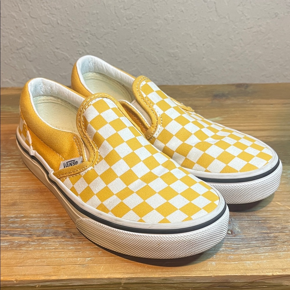 Vans Kids Yellow & White Checkered Slip-On Sneakers Size 1